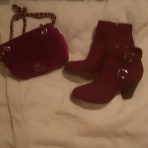 Ankle boots red burgendy suede and matching purse